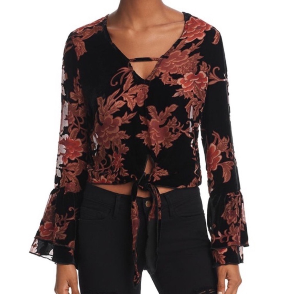 Vintage Havana Floral Velvet Bell Sleeve Crop Top
